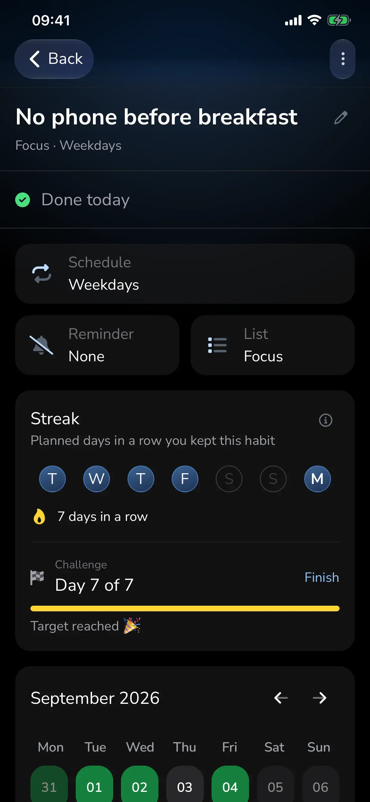 A challenge at day 7 of 7 with a full progress bar, Target reached and a Finish button