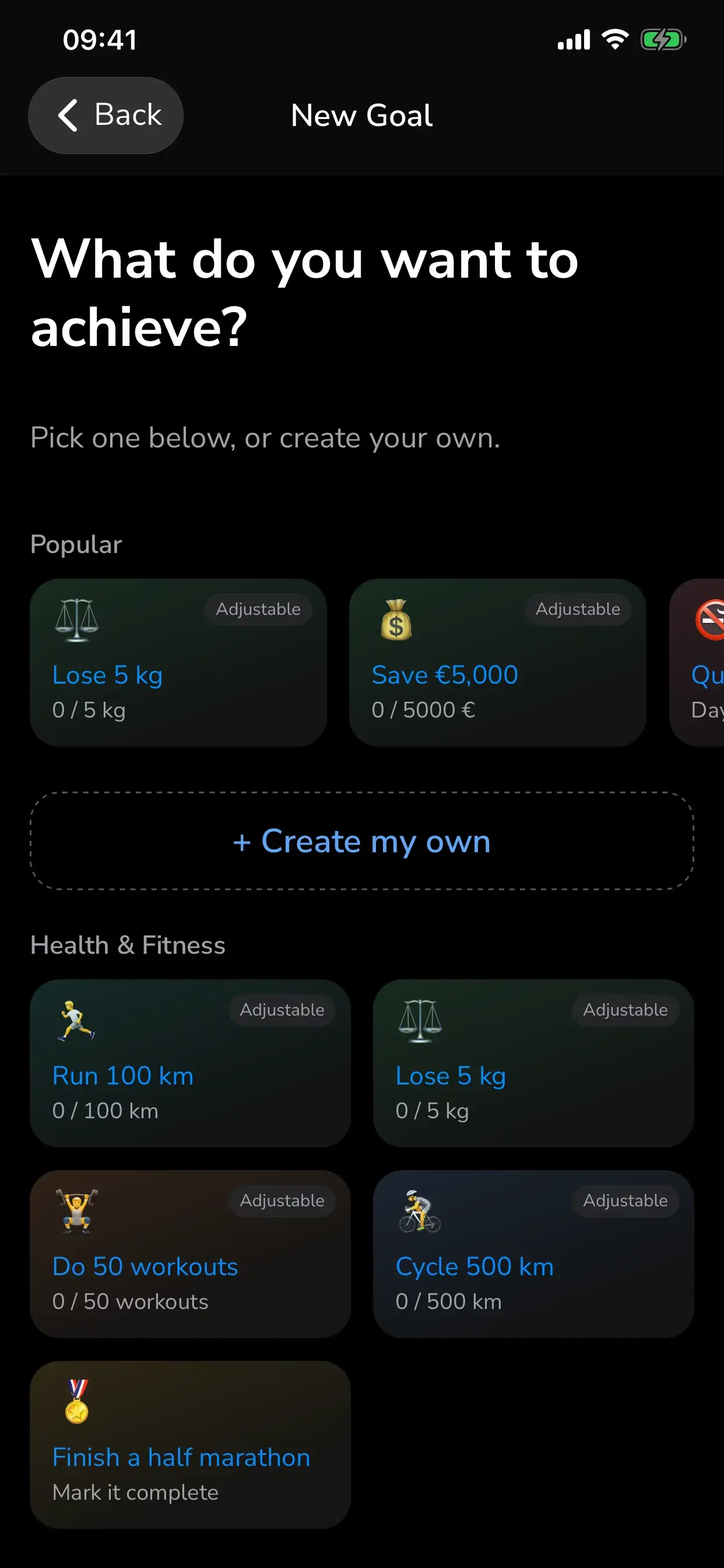 New goal screen with popular and health templates such as Lose 5 kg and Run 100 km