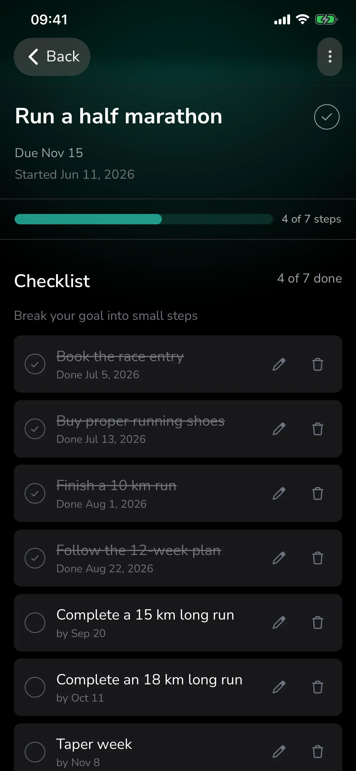 Goal details screen with a checklist of steps, each with its own due date