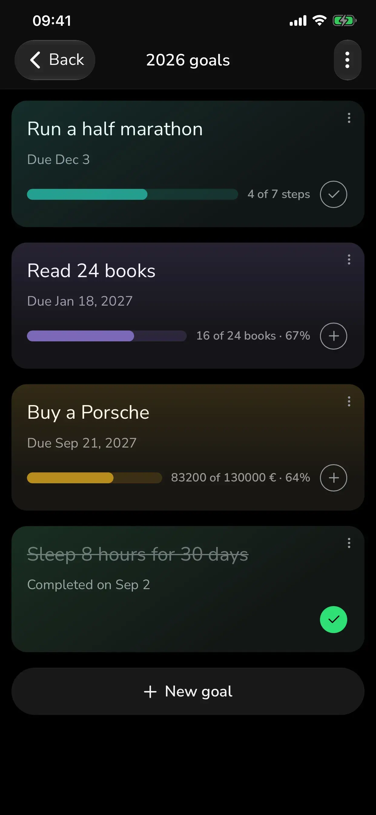 The 2026 goals list opened on its own, showing a half marathon, a reading goal, a savings goal and one already completed