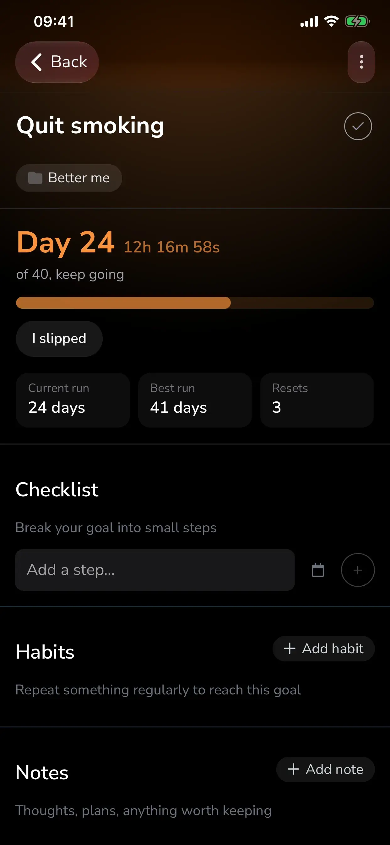 A quit goal on day 24 of 40 with an I slipped button and tiles for current run, best run and number of resets