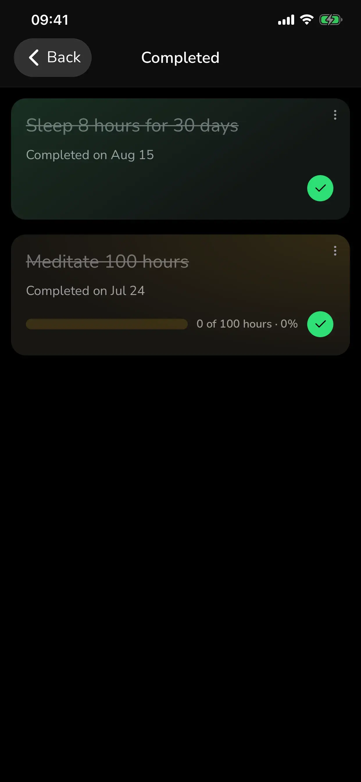 Completed goals screen