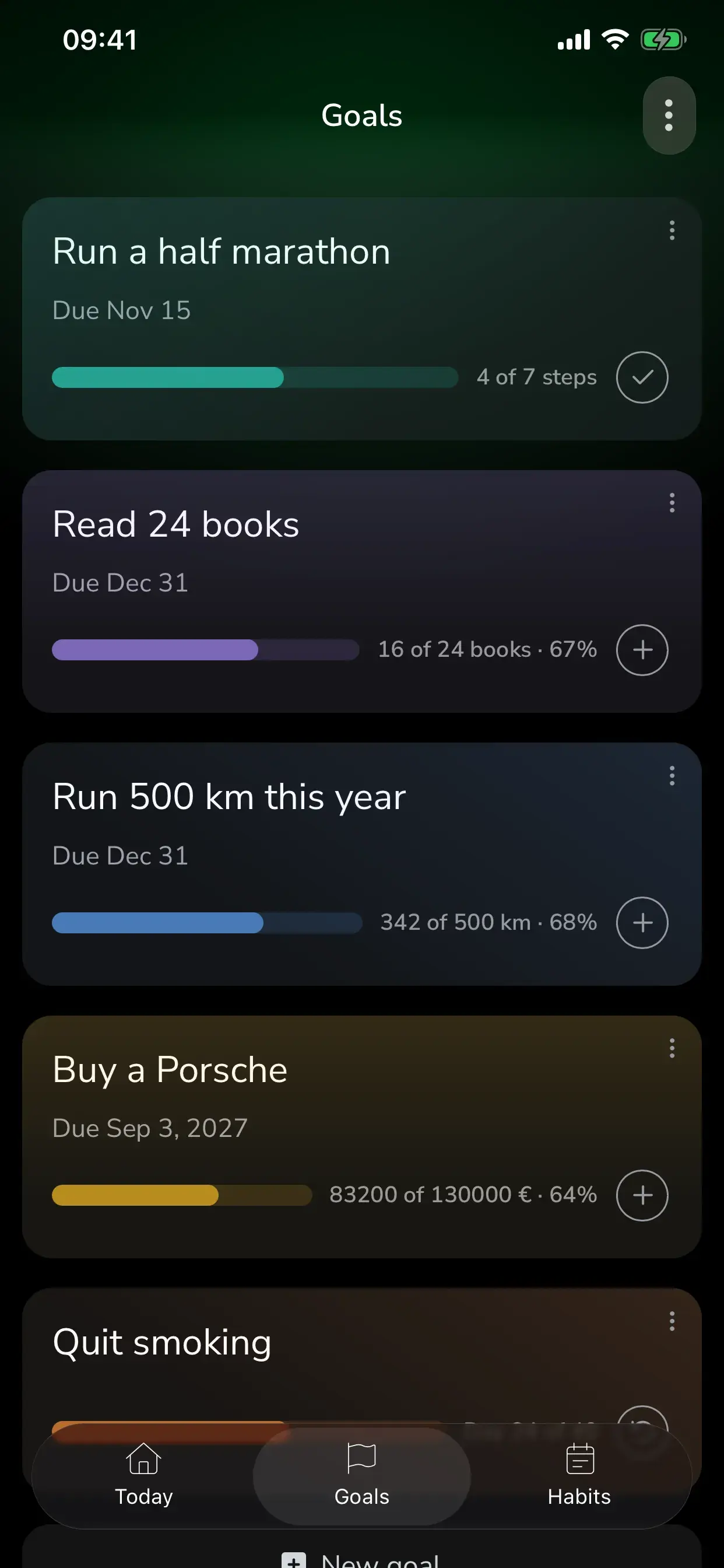 Goals list with progress bars for a half marathon, reading, running distance, savings and a quit goal