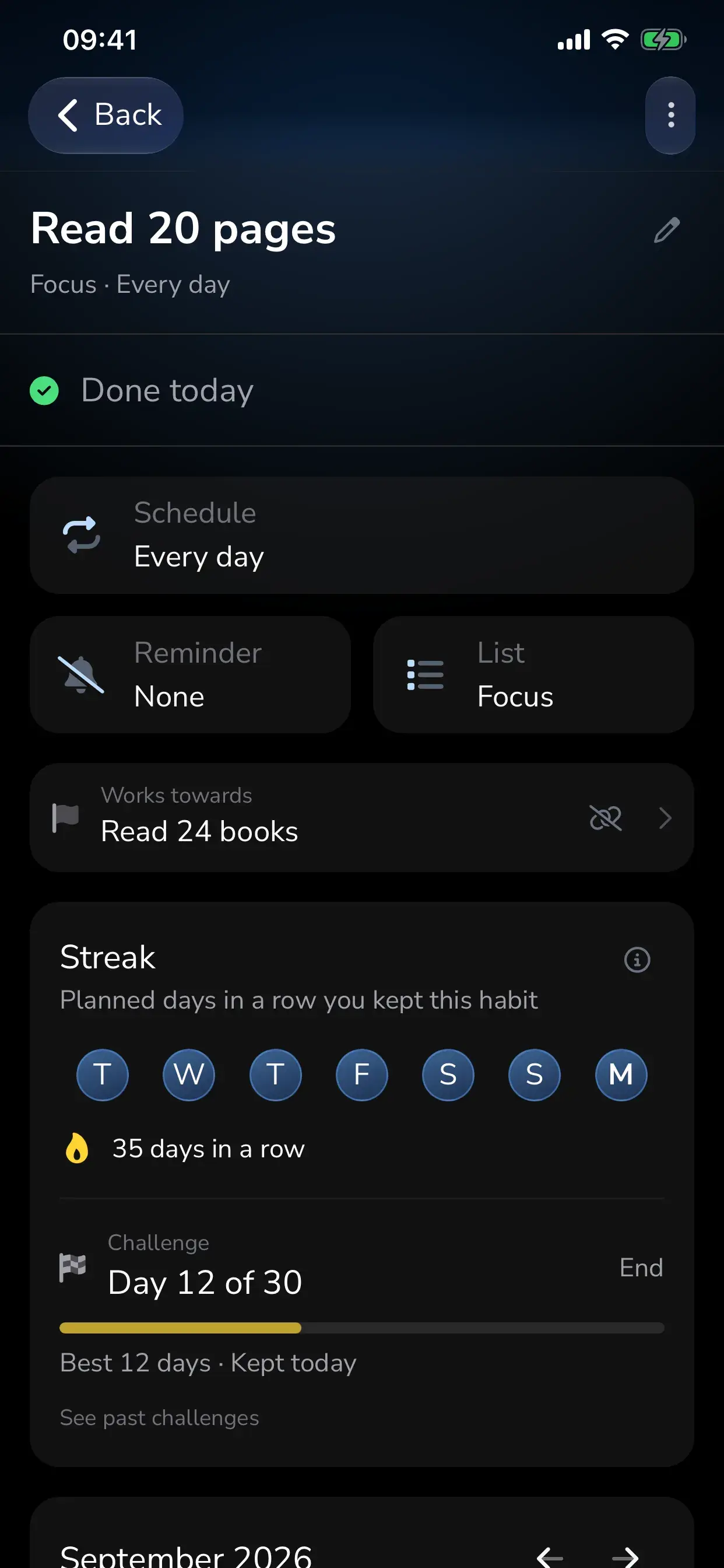 Habit details Streak card with a challenge running at day 12 of 30, a progress bar and the best run so far