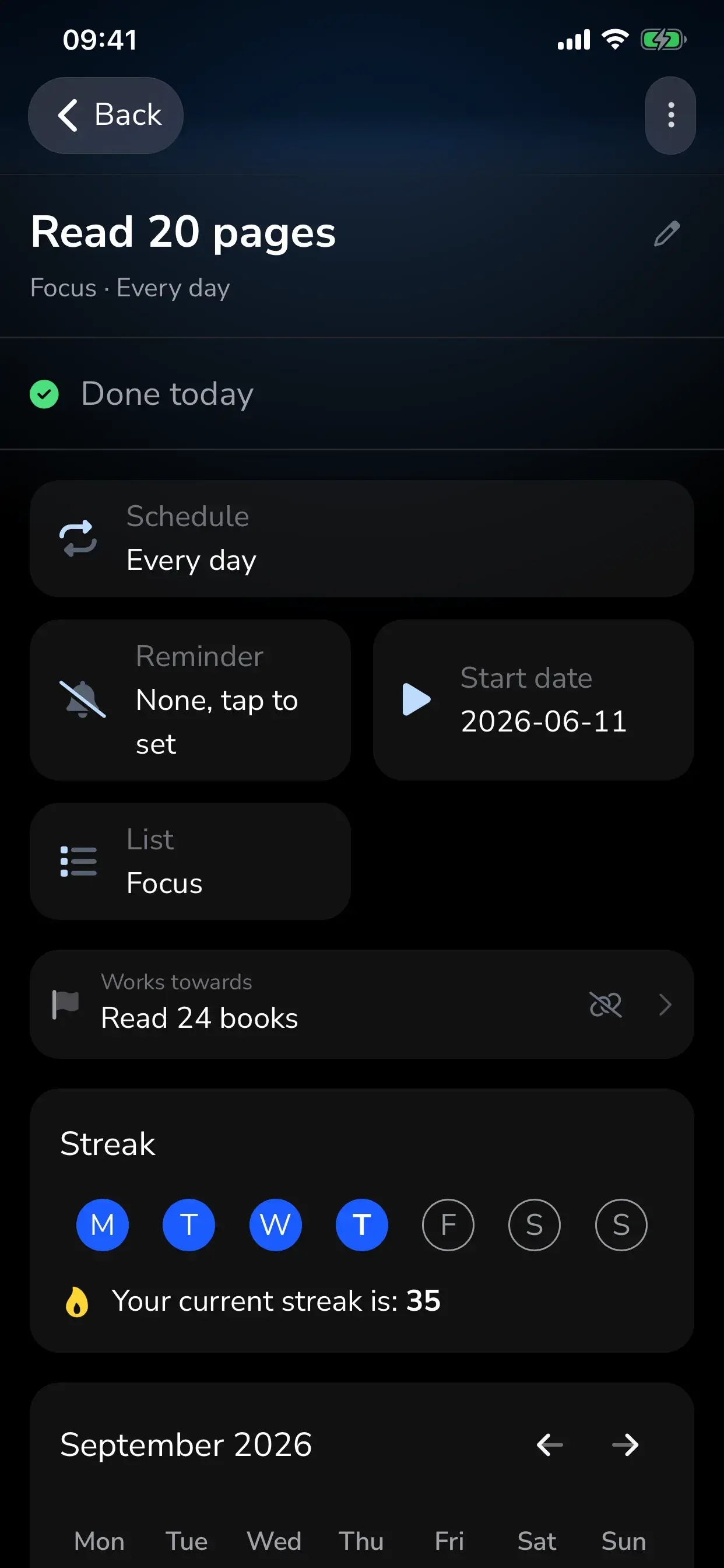 Habit details with schedule, reminder, linked goal and a 35-day streak