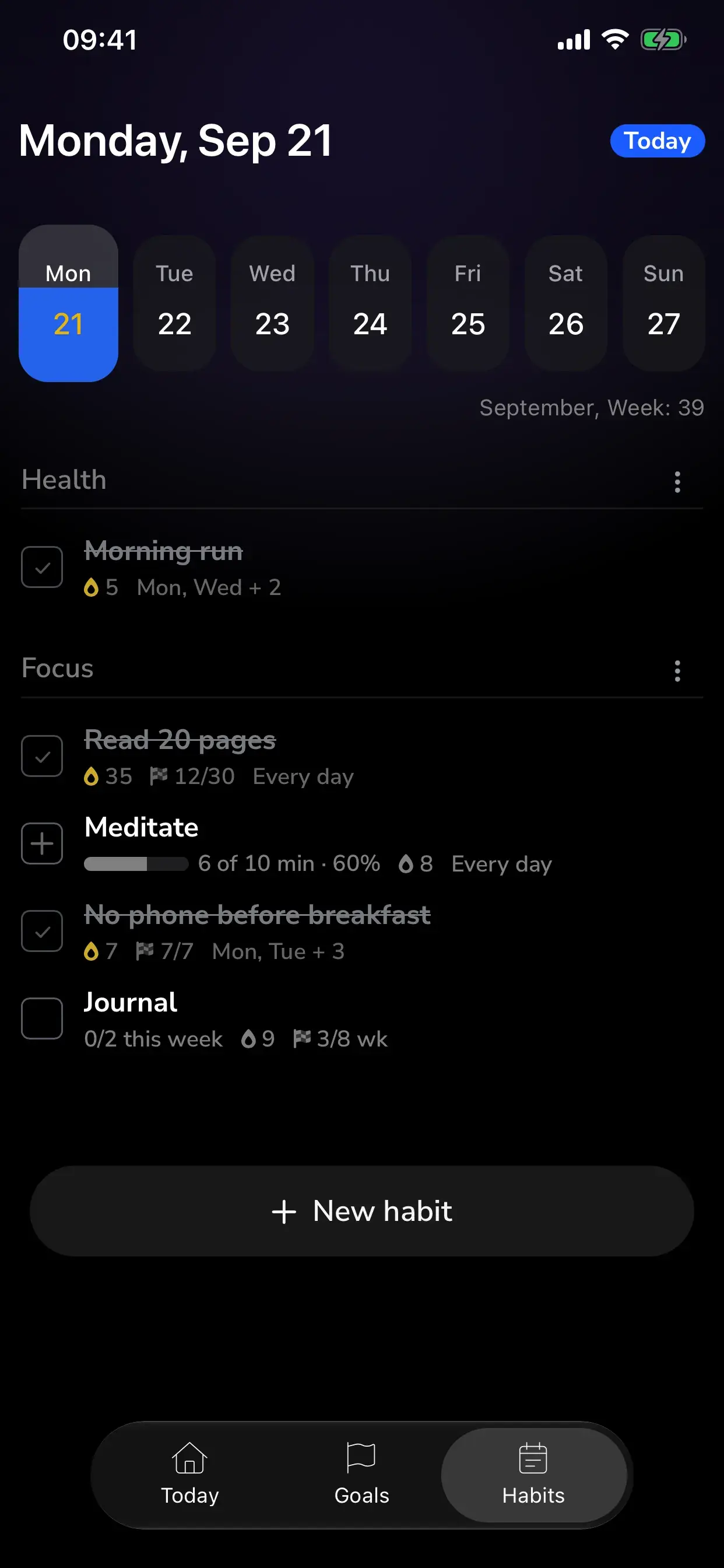 Habits tab where habits with a challenge carry a progress badge such as 12 of 30 next to their streak