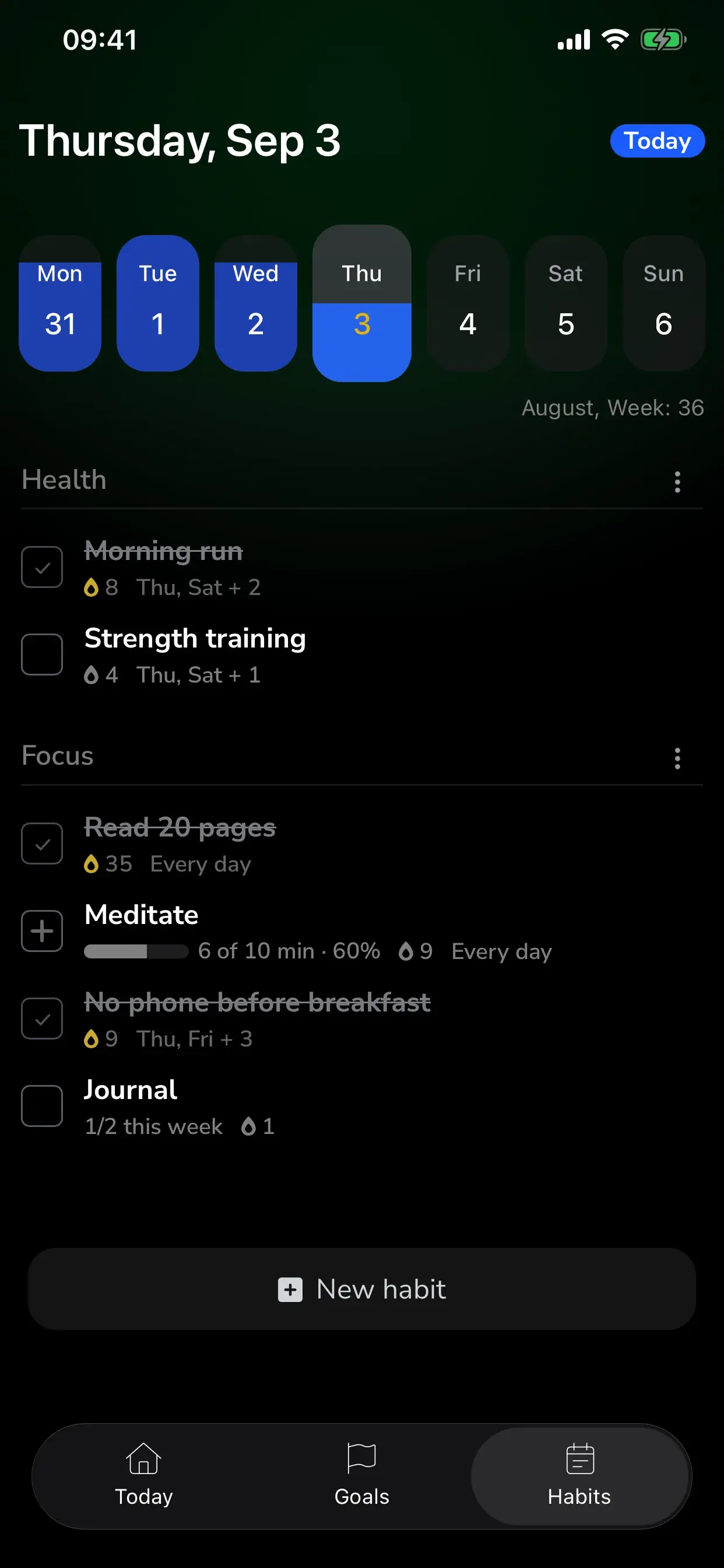 Habits screen with a week strip and habits grouped into Health and Focus lists