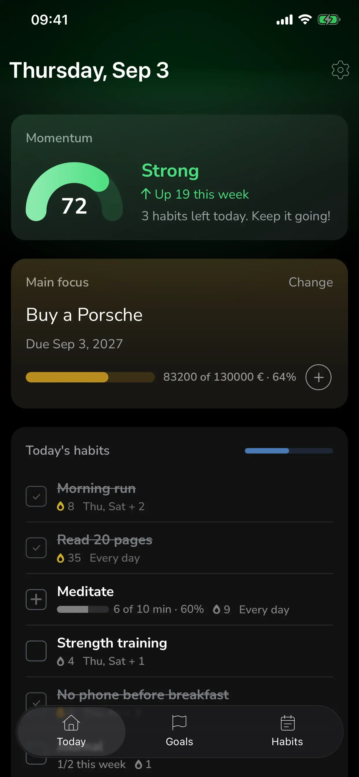 GoalGo Today screen showing a Momentum score of 72, the main focus goal and today's habits