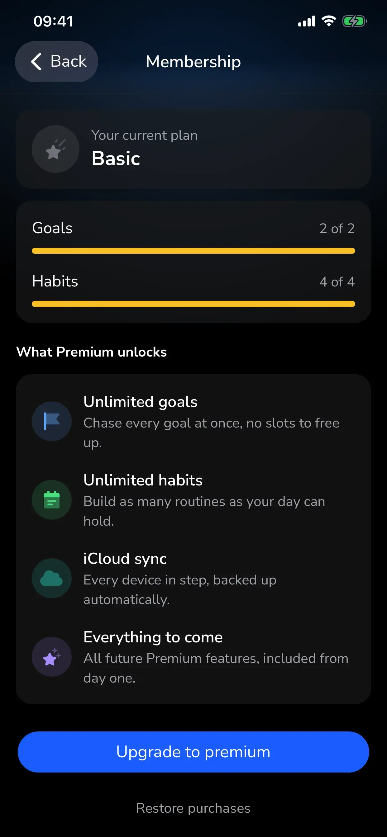 Membership screen showing the free plan limits and what Premium unlocks