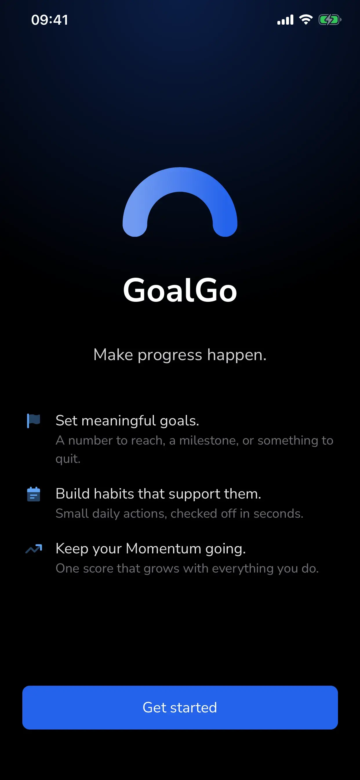Welcome screen: set meaningful goals, build habits that support them, keep your Momentum going