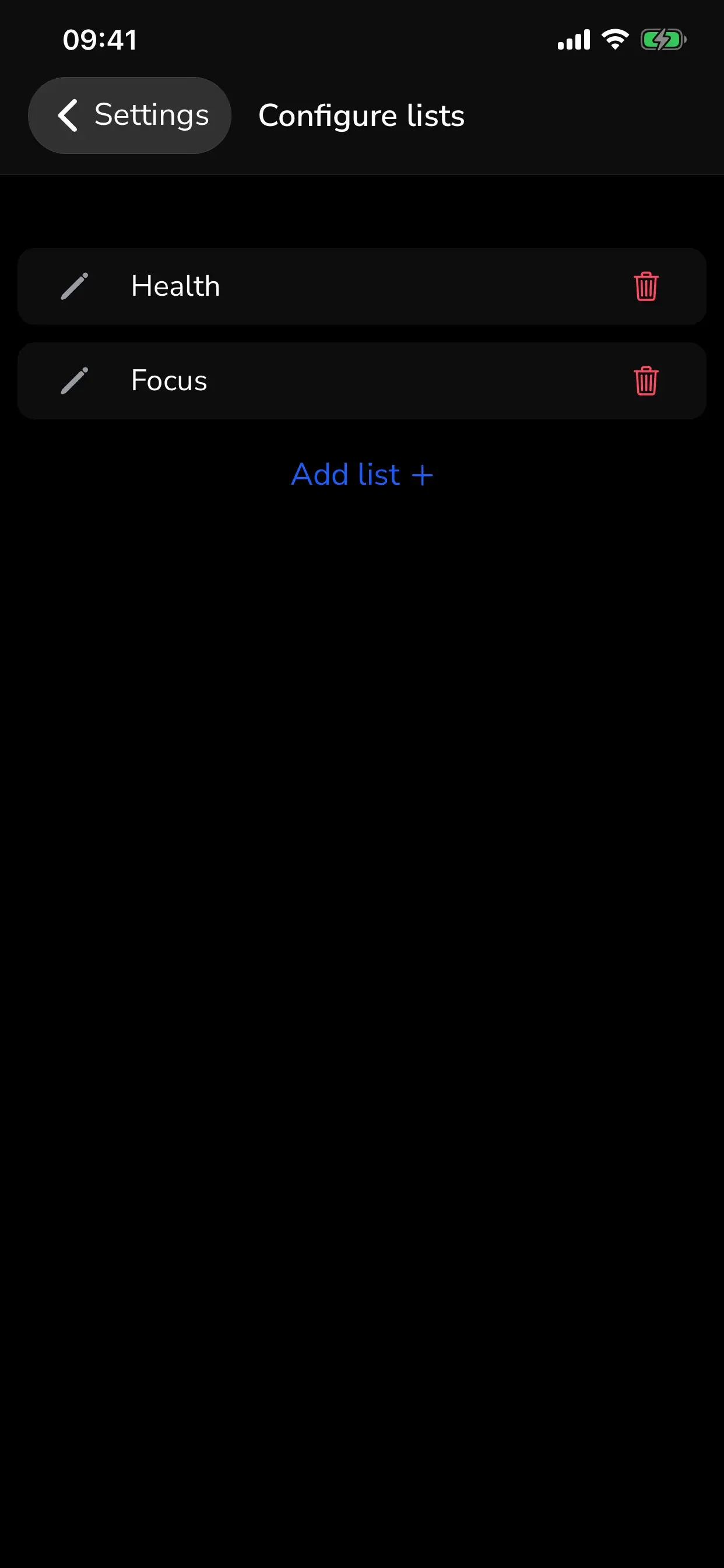 Configure lists screen