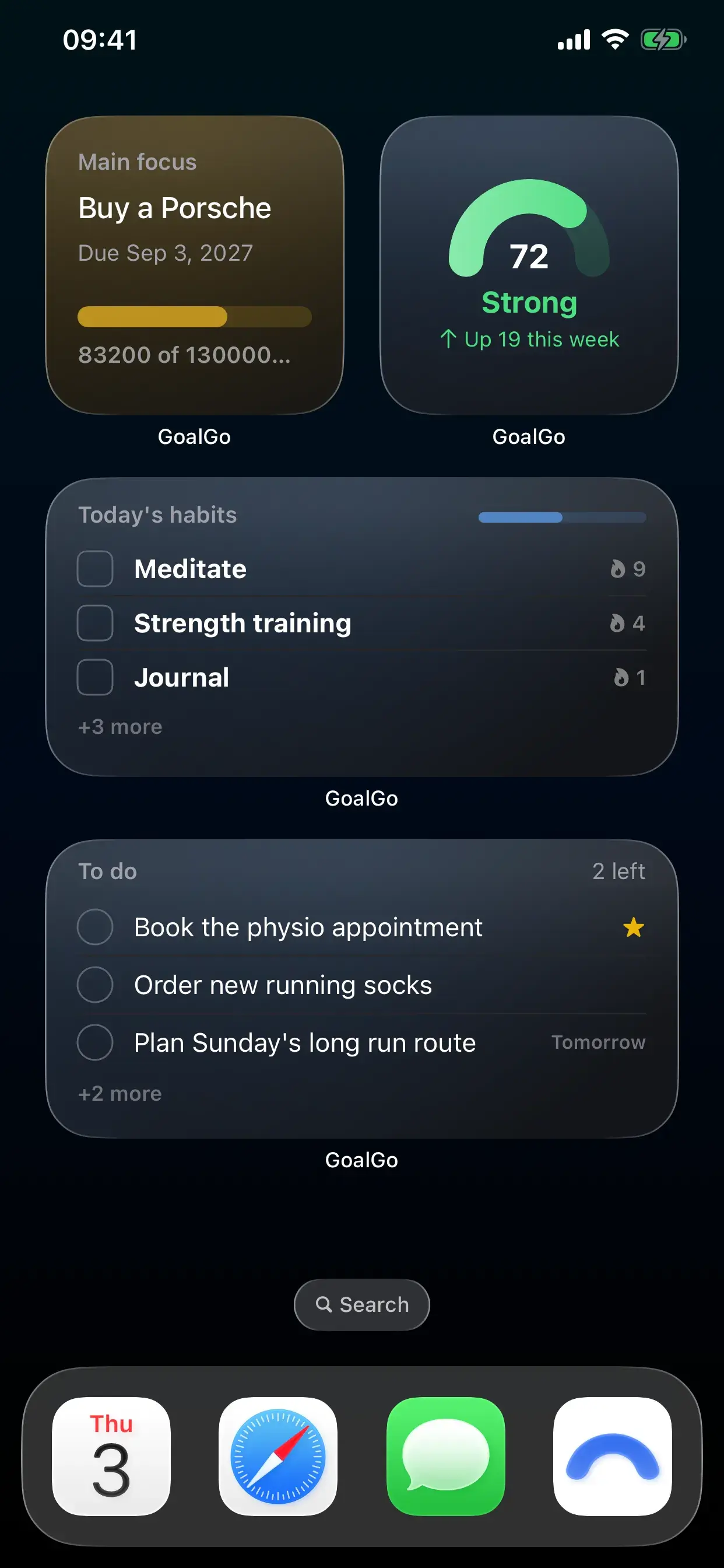 GoalGo home screen widgets on a smaller iPhone