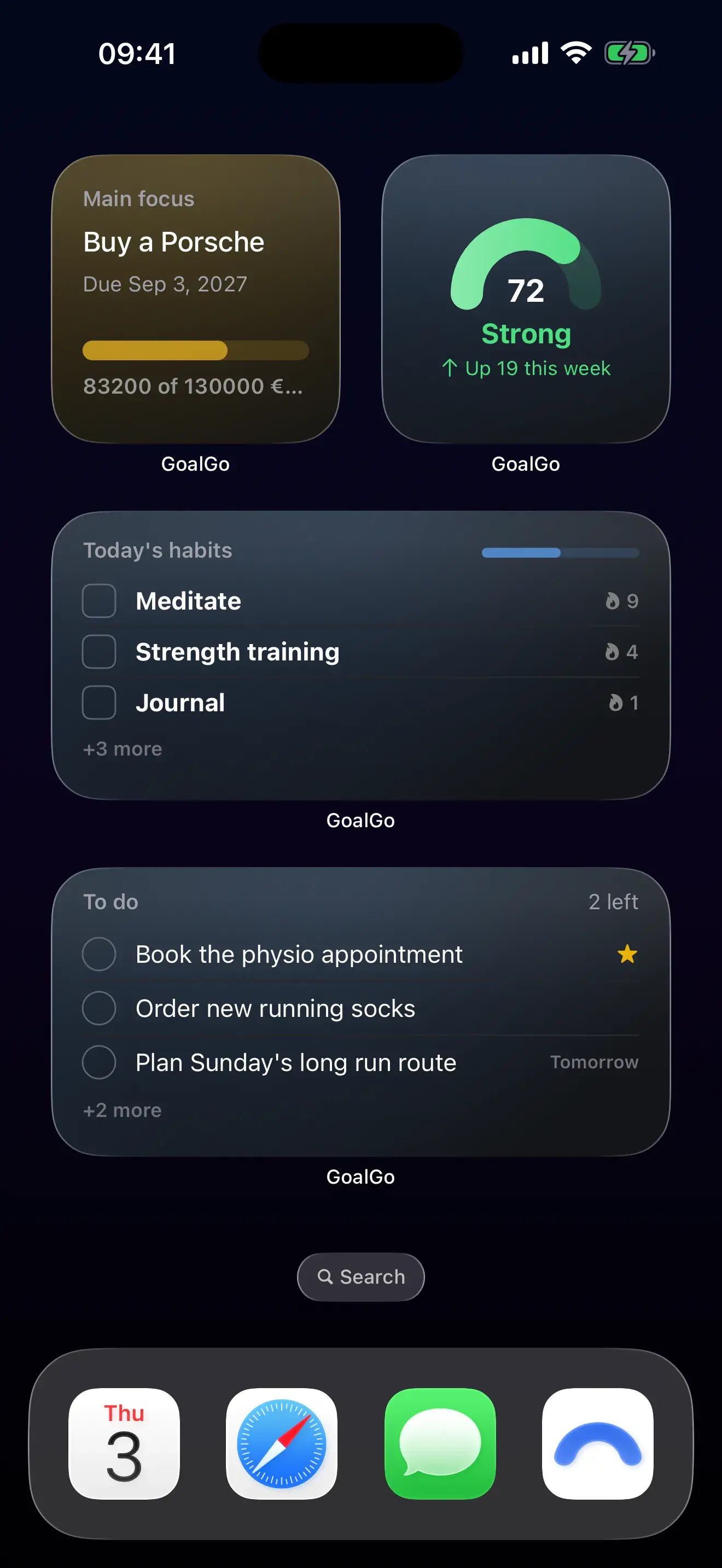 iPhone home screen with four GoalGo widgets: Main focus, Momentum, Today's habits and To do