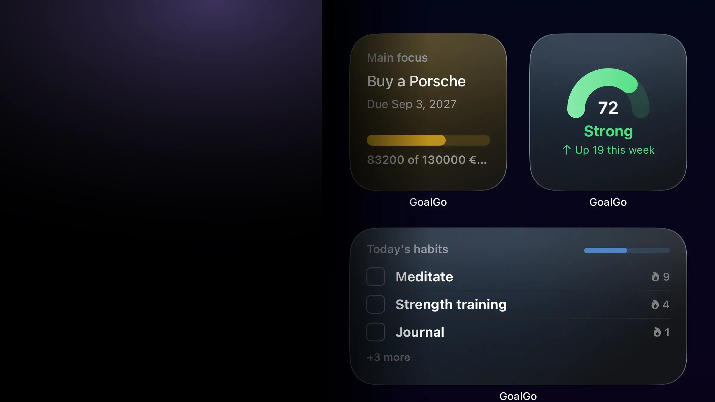 Four GoalGo widgets on an iPhone home screen