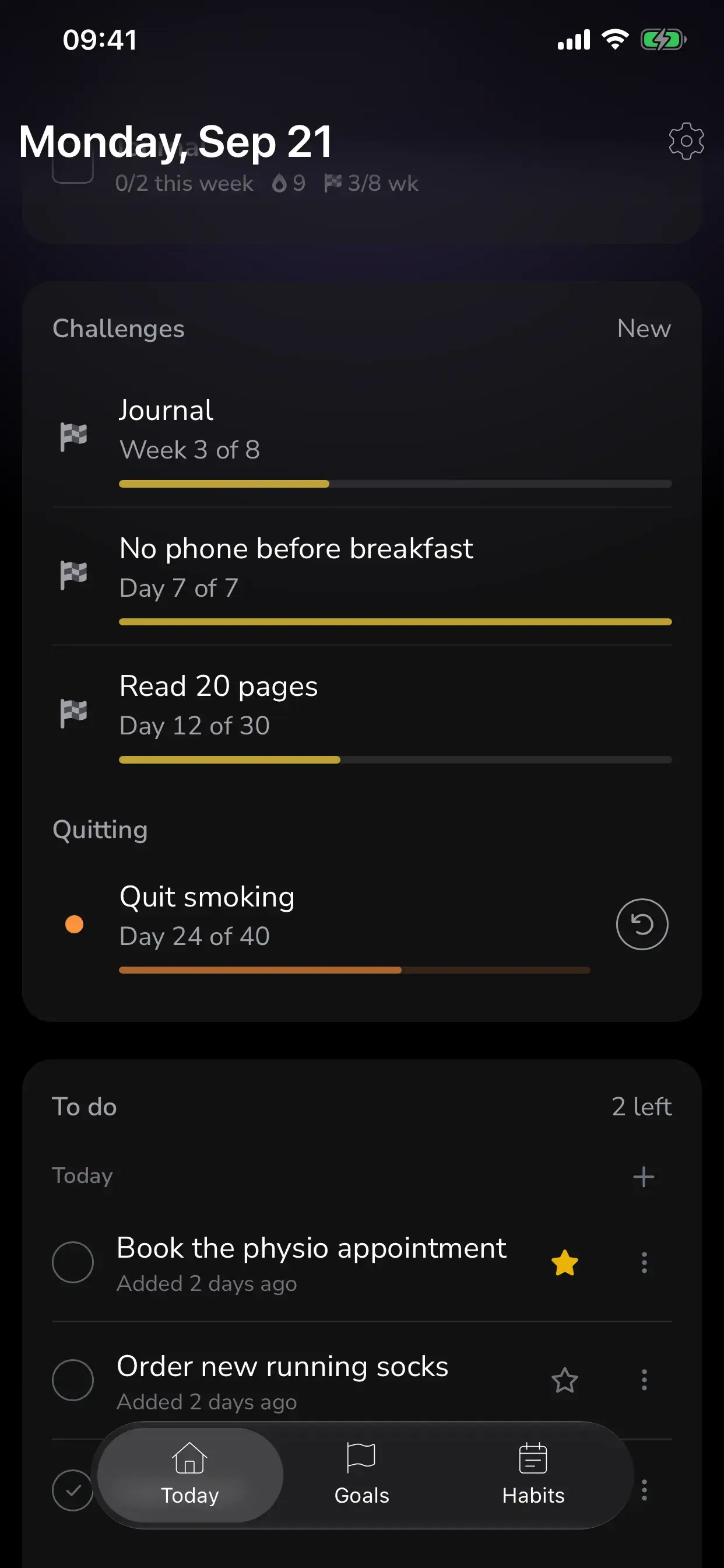 Today screen Challenges card listing three challenges in progress, with quit goals underneath